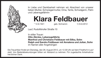 Traueranzeige von Klara Feldbauer von Pegnitz-Zeitung